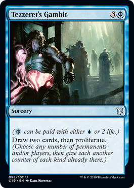 Tezzeret's Gambit
 ({U/P} can be paid with either {U} or 2 life.)
Draw two cards, then proliferate. (Choose any number of permanents and/or players, then give each another counter of each kind already there.)